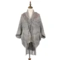 Oversized knit poncho cape with elegant fringe details in a stylish gray multi-color - 105*88CM / Gray