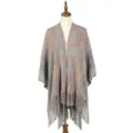 Warm multicolor knitted split shawl cloak for women featuring elegant long fringe tassels - 125x100cm / Gray