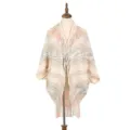 Warm women's knitted poncho cape with elegant tassel trim in multi-color weave - 105*88CM / Beige