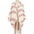 Cozy striped chenille shawl cardigan with stylish fringes in pink and cream white finish - Pink / 85x90cm