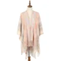Elegant pastel multicolored knitted shawl cape with fringed hem and vertical stripes - 125x100cm / Beige
