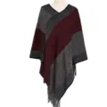 Poncho en maille chaud pour automne hiver avec rayures colorées et détails de franges - Hauts / 85*80CM / Bordeaux