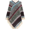 Colorful ethnic style knitted poncho with zigzag patterns and tassels for women - 85*80CM / Khaki
