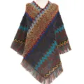 Ethnic style knit poncho with colorful wavy patterns and fringe detail - 85*80CM / Sapphire Blue