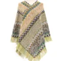 Bohemian knit poncho featuring colorful zigzag patterns and fringed hem - 85*80CM / Yellow-Green
