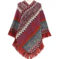 Colorful ethnic style knit pullover poncho featuring zigzag pattern and fringe trim details - 85*80CM / Burgundy