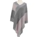 Poncho tricoté chaud automne hiver avec rayures roses et grises et ourlet à glands - Hauts / 85*80CM / Gris