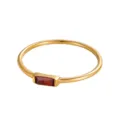 Primo piano di un anello in oro minimalista con una pietra preziosa rossa rettangolare - n.5 / Fascia in Strass Rosso / Colore acciaio