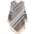 Bohemian ethnic knit poncho for women featuring geometric zigzag pattern and long fringes - 85*80CM / Gray
