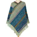Colorful ethnic style knit poncho with zigzag pattern and fringe trim for women - 85*80CM / Denim Blue