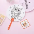 DIY children's coloring fan featuring a cute owl line drawing and orange handle - Owl