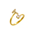 Anillo abierto ajustable chapado en oro con letra T de circonita y piedra redonda - Letra T / Chapado en oro 14K