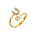 Elegante anillo de oro ajustable con letra U de circonitas y una sola piedra redonda - Letra U / Chapado en oro 14K
