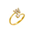 Anillo ajustable dorado con letra W engastada en cristales y piedra redonda - Letra W / Chapado en oro 14K