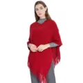 Fashionable red knit poncho with gold thread accents and elegant fringe tassels for women - Tops / One Size / Red