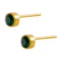 Detailweergave van kleine ronde vergulde oorknopjes met donkergroene edelstenen. - Gouden Basis Donkergroene Strass (XE1368D8)