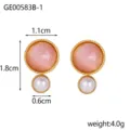 Elegant round pink stone and pearl stud earrings with gold-toned textured border - Ge00583b-1