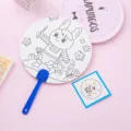 DIY children's coloring fan featuring a cute bunny artist pattern and blue handle - Rabbit