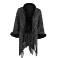 Cozy grey knitted women's poncho cardigan with black faux fur collar and fringe - Tops / 90x120cm / Black