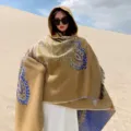 Elegant yellow imitation cashmere hooded shawl featuring an ornate paisley pattern and fringes - 130*150cm / Khaki