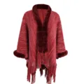 Warm red knitted shawl with faux fur collar and elegant tassel hem for women - Tops / 90x120cm / Wine Red