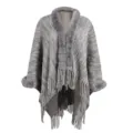 Elegant grey knitted poncho with warm faux fur collar and stylish tassel fringe - Tops / 90x120cm / Gray