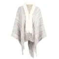 Grey mixed knit shawl with plush white faux fur collar and decorative fringes - Tops / 90x120cm / White