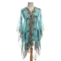 Sciarpa da spiaggia in chiffon turchese con elegante catena d'oro e stampa leopardata - Scialle Kimono / 160x100cm / Blu