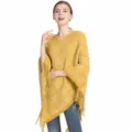 Stilvoller gelber Chenille-Strickponcho mit klassischem Karomuster und Fransensaum-Detail - Einheitsgröße / Oberteile / Gelb