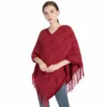 Roter gestrickter Poncho mit Quasten und Karomuster aus weichem Chenille für Damen. - Einheitsgröße / Oberteile / Burgunderrot