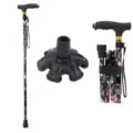Adjustable folding walking cane with floral print, aluminum alloy travel stick with rubber base. - Six-Foot Base / Six-Legged Black Floral