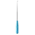 Stainless steel fishing hook extractor detail view, featuring a blue aluminum handle and slim loop tip. - Bag Packaging / Blue