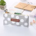Stylish grey oxford cloth polka dot pencil case with a GEOMETRY VALLEY leather patch - Gray White Polka Dots