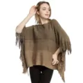 Elegant brown knit poncho shawl with fringes and metallic yarn detail - Tops / Khaki