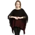 Elegant black and shimmering red metallic knit poncho shawl featuring decorative fringe tassels - Tops / Black