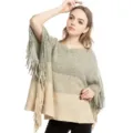 Women's sage green and beige color-block knit poncho shawl with bohemian tassel trim - Tops / Beige