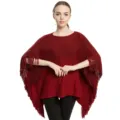 Elegant red knit poncho shawl with gold silk thread and tassel details for women. - Tops / Burgundy