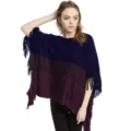 Women's oversized knit poncho with metallic gold thread and purple fringe - Tops / Navy Blue