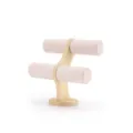 Vista detallada del soporte para joyas de bambú de doble capa con cilindros de terciopelo - Terciopelo Beige
