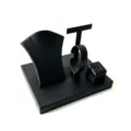4-piece black leather texture jewelry display stand set for necklaces and rings. - Black