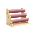 Expositor de joyas de gamuza rosa de tres niveles para pulseras con base de madera y tapas doradas - Ante / Rosa