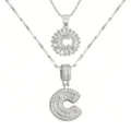 Elegantes Doppellagiges Zirkonia Buchstabe C Anhänger Halskette Set Modeschmuck. - Buchstabe C / Silber