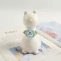 Handmade ceramic white cat figurine with blue rose flower, cute animal sculpture for desk decor. - Large Kitten