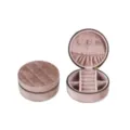 Portable round velvet jewelry box with quilted diamond pattern and zipper for travel storage. - 10x10x5cm / Sand Pink