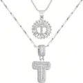 Silberfarbene Messing Zirkonia Buchstabe T Anhänger Mehrlagige Halskette Modischer Schmuck - Buchstabe T / Silber