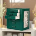 Dettaglio portagioie in pelle verde a 6 strati con finestra per orecchini laterali. - Stile a 6 Strati / Verde Scuro