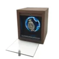 Close-up interior view of a premium black walnut wood watch winder with blue LED - Without Color Box / Black Walnut Grain With Black Interior