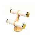 Zweistöckiger Bambus Schmuckständer mit weißen Samtkissen für Armbänder und Uhren - Beige Samt (Mit Metallringen)
