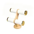 Eleganter zweistufiger Schmuckständer aus Bambus mit weißen Rollen und Gold-Endkappen - Weißes PU-Leder (Mit Metallringen)