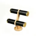 Zweistöckiger Schmuckständer aus Bambus und schwarzem Leder für Armbänder und Uhren - Schwarzes PU-Leder (Mit Metallringen)